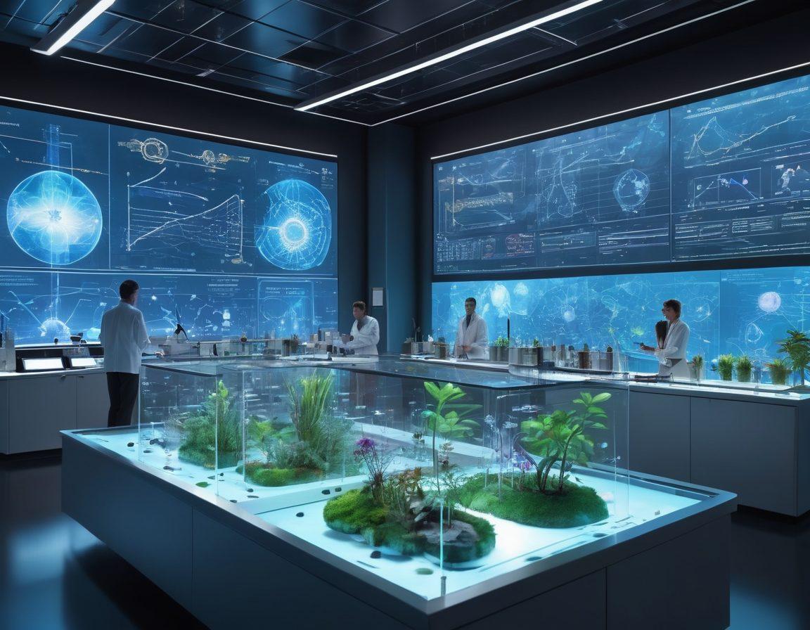A dynamic scene depicting a futuristic laboratory where scientists of diverse backgrounds collaborate on a groundbreaking experiment, with holographic displays of advanced theories floating around. Elements of nature like plants and water integrated into the lab to represent harmony between theory and practicality. The atmosphere is filled with vibrant energy, showing detailed graphs and models illustrating scientific breakthroughs. super-realistic. vibrant colors. 3D.