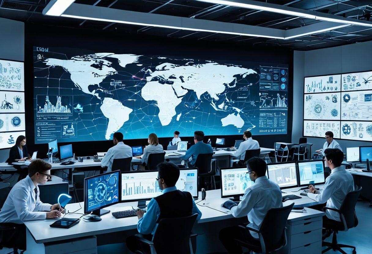 A dynamic scene illustrating a diverse group of researchers collaborating in a high-tech laboratory filled with advanced equipment and digital screens displaying innovative projects. Depict a blend of academic symbols like books and graduation caps alongside futuristic gadgets and prototypes. Incorporate elements representing global connectivity, like a world map with research networks. Use bright, inspiring colors to convey a sense of energy and progress. super-realistic. vibrant colors. 3D.