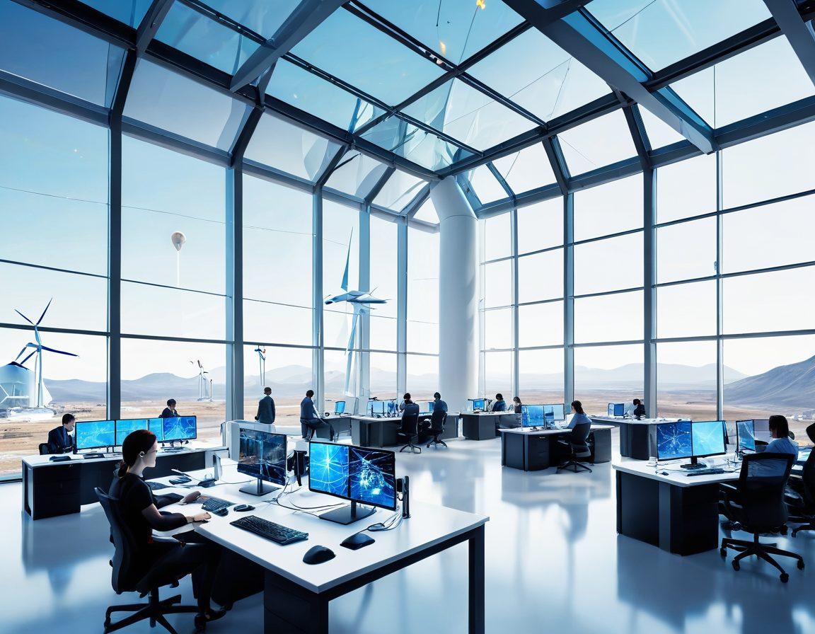 A futuristic research institute bustling with scientists working on advanced technology, showcasing robots and holographic displays of data, with wind turbines and solar panels visible outside through large glass windows. The atmosphere conveys innovation and teamwork, with bright, modern architecture. super-realistic. vibrant colors. white background.